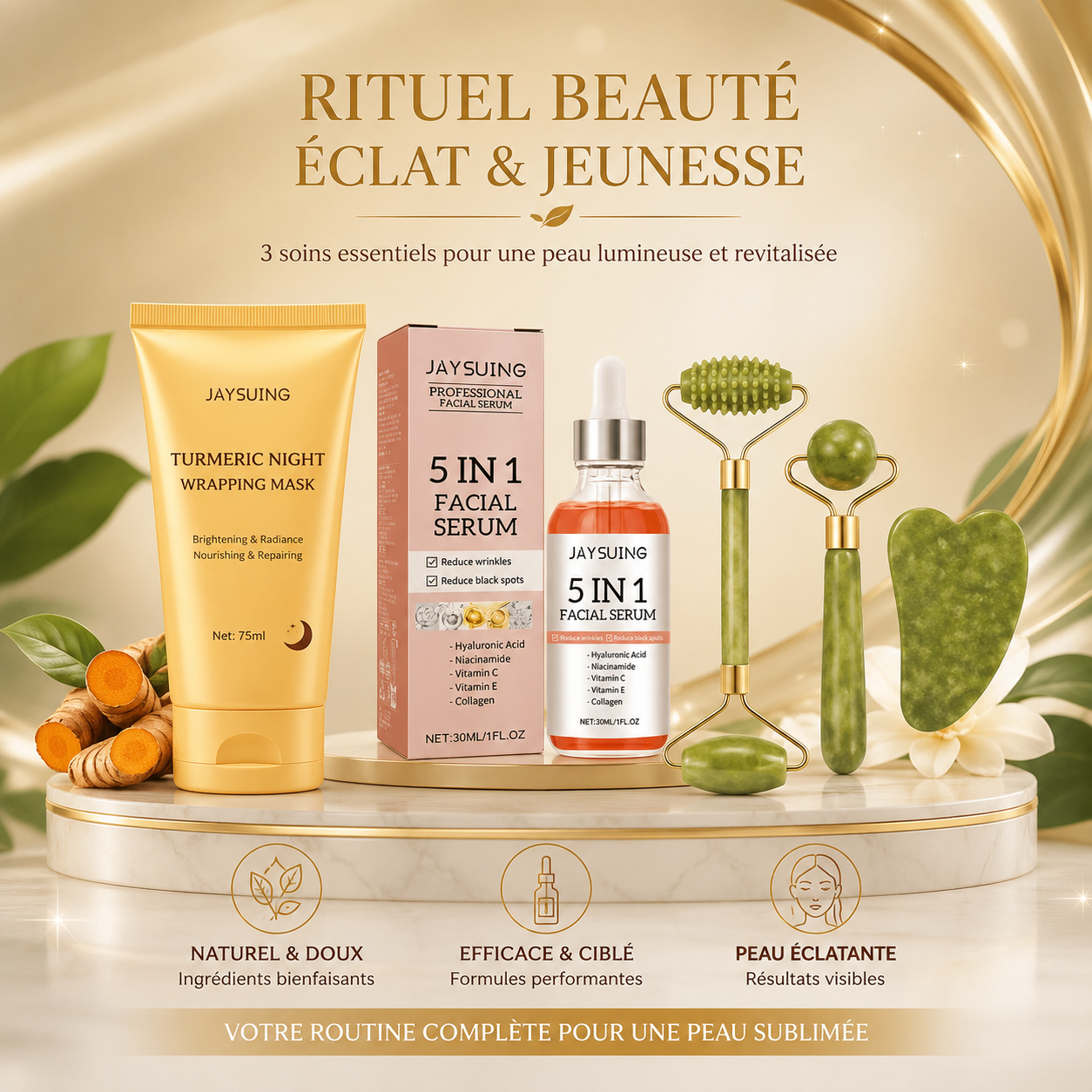 Routine Soin Visage Complète — Masque, Sérum & Rouleau Gua Sha